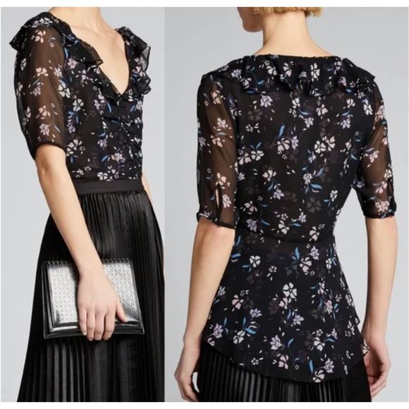 Veronica Beard Ayia Silk Chiffon Blouse Black Floral 0 Feminine Top - Picture 1 of 10